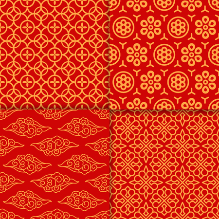 Red geometric oriental pattern set. Vector illustrationのイラスト素材