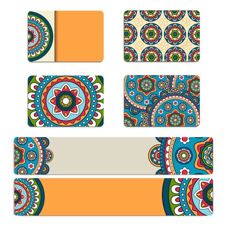 Collection business card or invitation decorated mandala ornament. Vector illustrationのイラスト素材