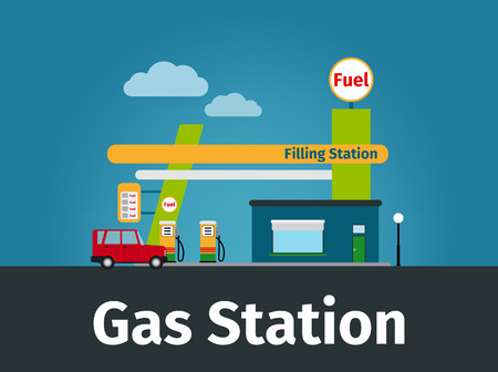 Gas station image with car and text. Vector illustrationのイラスト素材