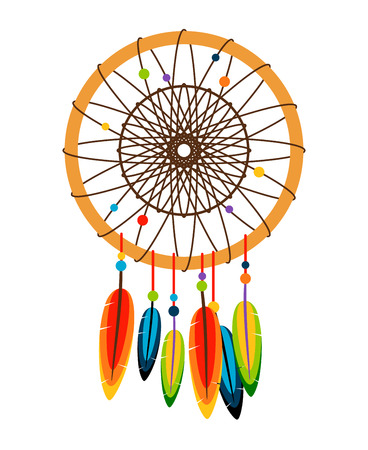 Dreamcatcher vector on white. Dream catcher with feathers and beads in flat styleのイラスト素材