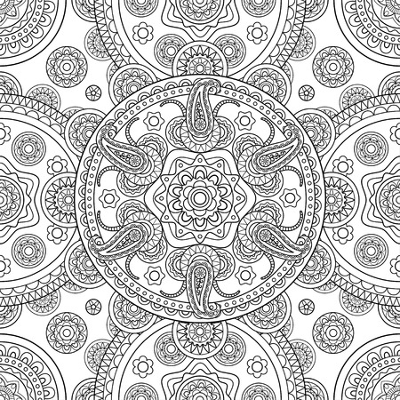 Indian hand drawn seamless background in black and white. Vector illustrationのイラスト素材