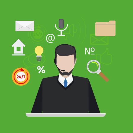 Call center or support with man flat style. Vector illustrationのイラスト素材