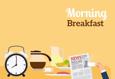 Good Morning Breakfast Banner with sign on orange background. Vector illustrationのイラスト素材