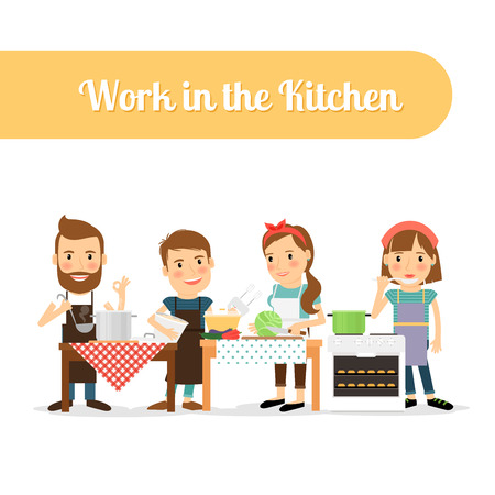 People in the kitchen cooking food. Vector illustrationのイラスト素材