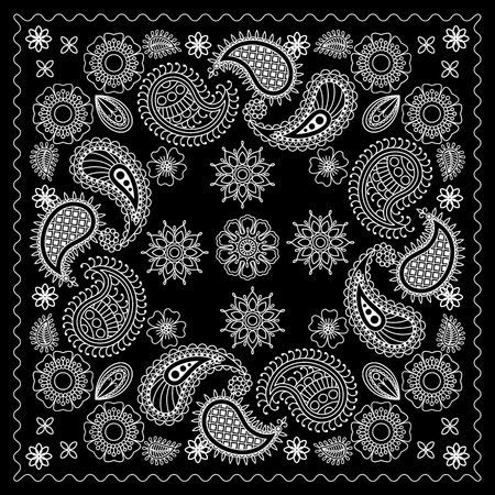 Black and White Bandana Print With Element Henna Style. Vector illustrationのイラスト素材