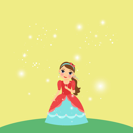 Beautiful cartoon princess with lights on the yellow background. Vector illustrationのイラスト素材