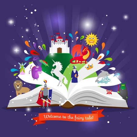 Fairy tale book. Open book with cartoon fairy tales characters vector illustrationのイラスト素材