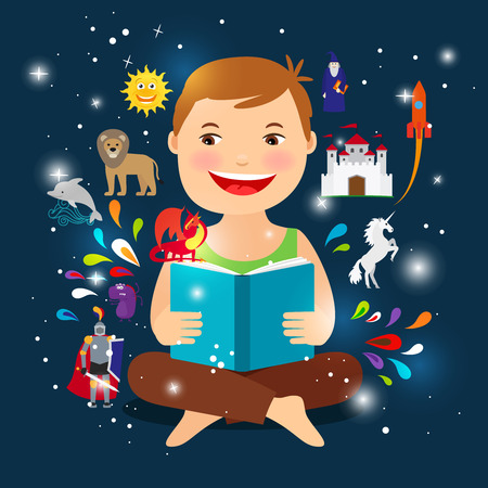 Cartoon kid reading fairy tale book. Happy boy with an open book vector illustrationのイラスト素材