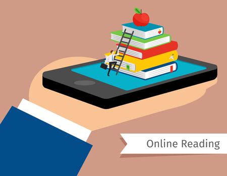 Mobile library in smartphone vector illustration. Isometric 3d online booking and e-libraryのイラスト素材