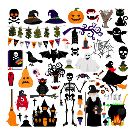 Halloween fashion flat icons isolated on white background. Halloween vector characters. Pumpkin and black cat, ghost and witchのイラスト素材