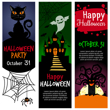 Halloween vertical banners. Vector halloween party invitation banner set with blood text, spook, cat and batのイラスト素材