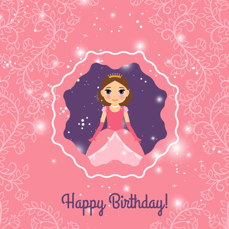 Happy Birthday pink and violet greeting card with fairy princess. Vector illustrationのイラスト素材