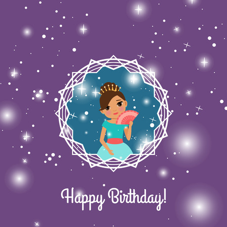 Happy Birthday violet greeting card with fairy princess. Vector illustrationのイラスト素材