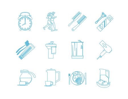 Good Morning Time Line Art Icons. Jogging and shower,breakfast and makeup. Vector illustrationのイラスト素材