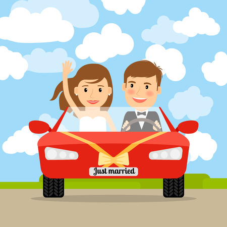 Just married couple in the red car vector illustrationのイラスト素材