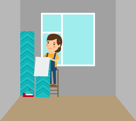 Woman making repairs in her home putting on wallpapers. Vector illustrationのイラスト素材