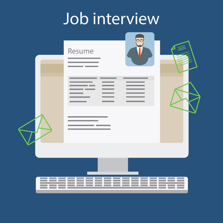 Job interview with resume on computer vector illustrationのイラスト素材