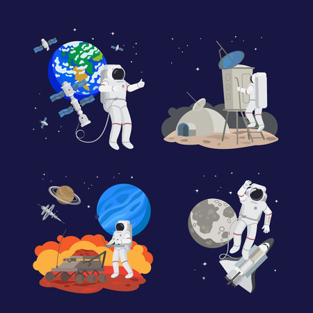 Set of astronauts in space, working and landing on different planets. Earth, mars, moon and space ships vector illustrationのイラスト素材