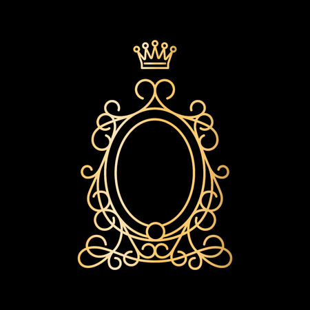 Golden vintage oval frame with crown on black background. Vector illustrationのイラスト素材