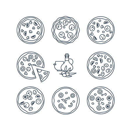 Pizza line icons. Different mono color pizza for pizzeria menu vector illustrationのイラスト素材