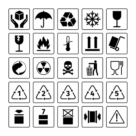 Packaging symbols. Vector package icons with waste recycling and fragile, flammable and this side up symbolsのイラスト素材