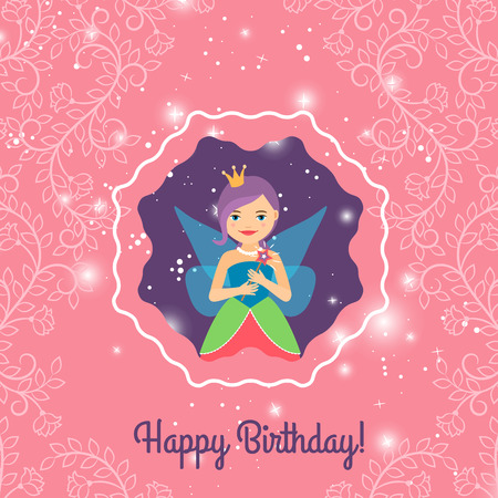 Happy Birthday card with cartoon princess on the decorative background.のイラスト素材