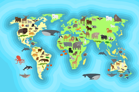 Animals world map for kids wallpaper design. Vcetro illustrationのイラスト素材