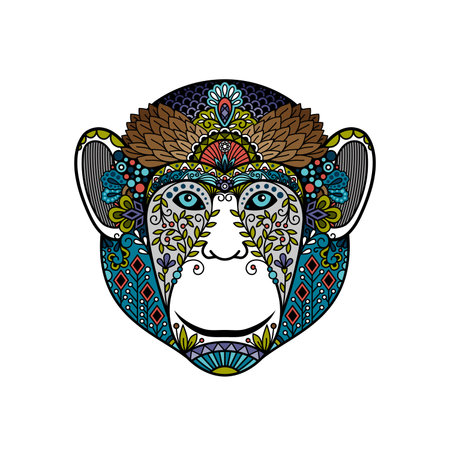 Colorful hipster monkey head isolated on white. Vector illustrationのイラスト素材