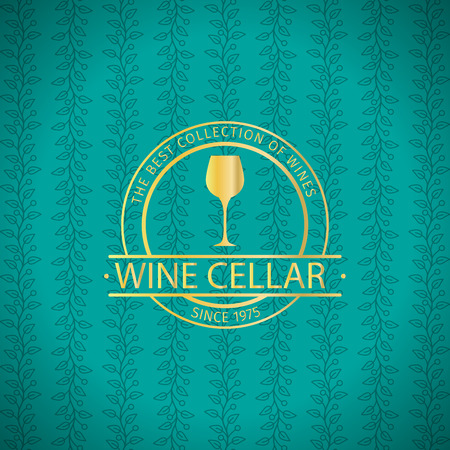 Wine cellar decorative turqiouse card design with golden label. Vector illustrationのイラスト素材