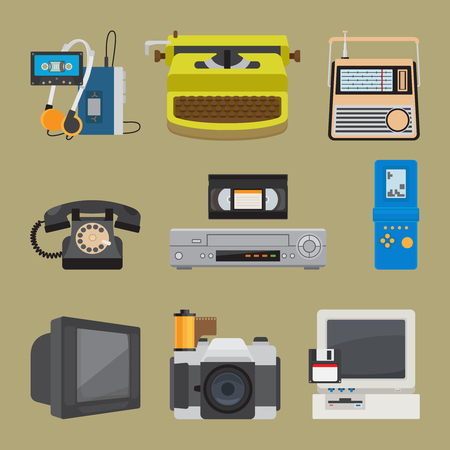 Retro gadgets icons. Portable cassette player and old pc, vintage gamepad and old camera vector illustrationのイラスト素材