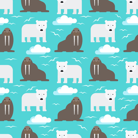 Seamless Pattern With Polar Bear and Walrus Flat Design. Vector illustrationのイラスト素材