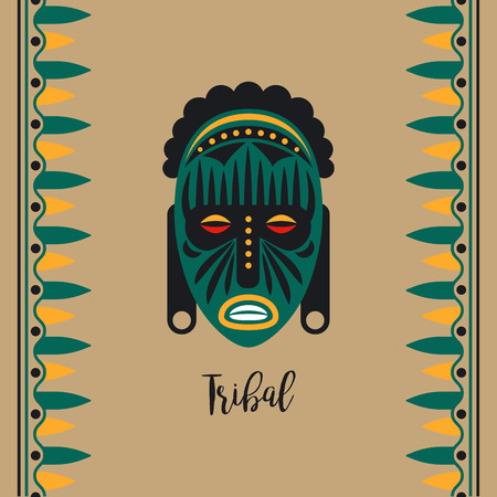 Dark green tribal style card with mask and borders vector illustrationのイラスト素材