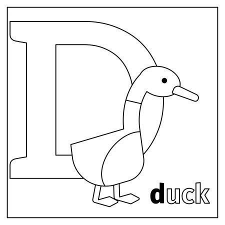 Coloring page or card for kids with English animals zoo alphabet. Duck, letter D vector illustrationのイラスト素材