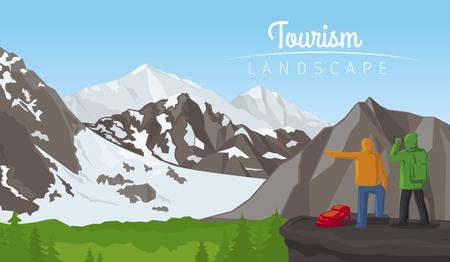 Realistic vector winter sport tourism landscape, horizontal background with mountainsのイラスト素材