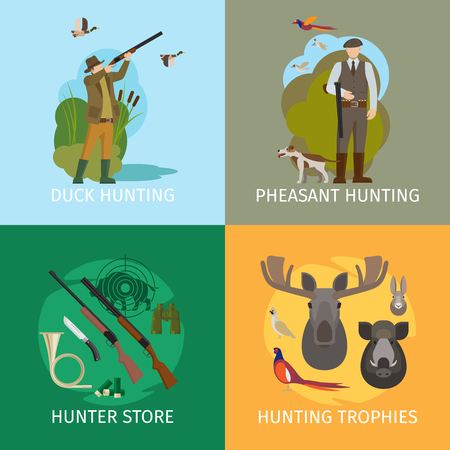 Animals hunting concepts. Wildlife duck hunt and wild boar hunting with shotgun vector illustrationのイラスト素材