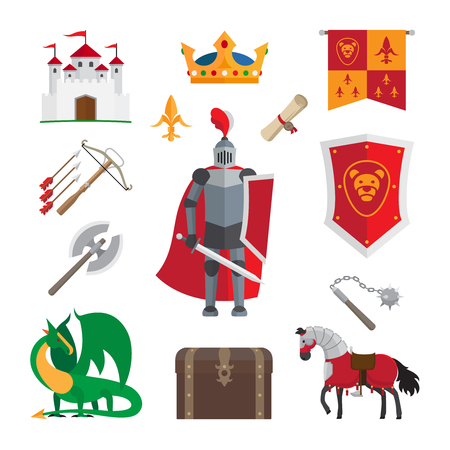 Medieval kingdom icons with knight and castle, dragon and crown isolated on white background. Vector illustrationのイラスト素材