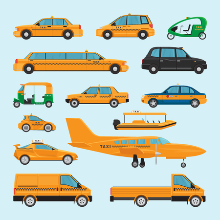 Taxi different types. Vector taxi car icons limousine and driving at night service, aircraft and rickshaw taxisのイラスト素材
