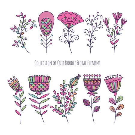 Collection of colorful cute doodle floral elements. Vector illustrationのイラスト素材