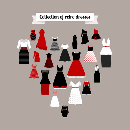 Collection of retro dresses icons in the heart shape. Vector illustrationのイラスト素材