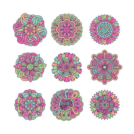 Colorful symmetrical doodle floral elements set. Vector illustrationのイラスト素材