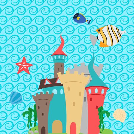 Kids wallpaper design with sea castle and waves pattern. Vector illustrationのイラスト素材