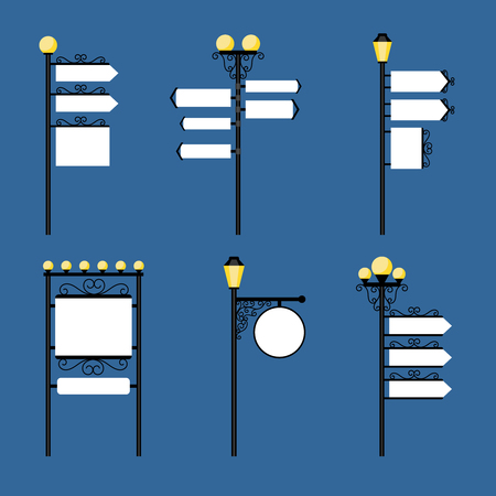 Street lights with streets read signs like arrows and frames, retro style billboards. Vector illustrationのイラスト素材