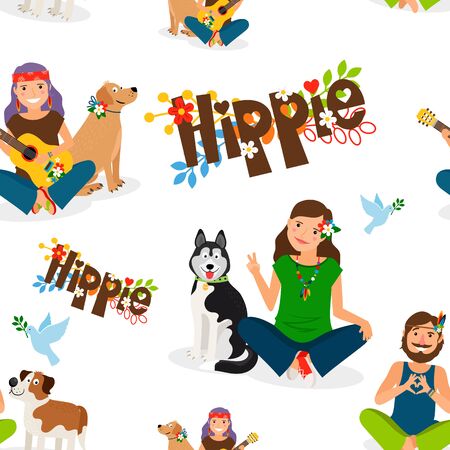 Hippie girls and barefoot man with dog seamless pattern. Vector illustrationのイラスト素材