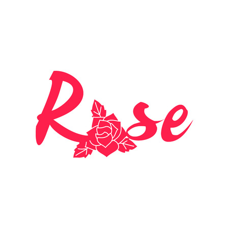 Pink fashion word rose, hand drawn lettering, rose and leaf symbol. Vector illustrationのイラスト素材