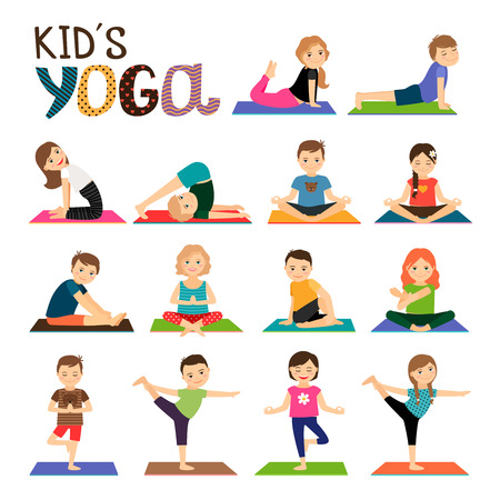 Kids yoga vector icons set. Smiling children in different yoga poses collection on white backgroundのイラスト素材