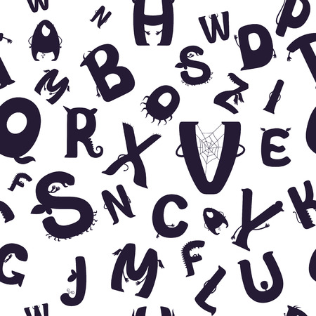 Black contour cartoon alphabet seamless pattern. Vector illustrationのイラスト素材