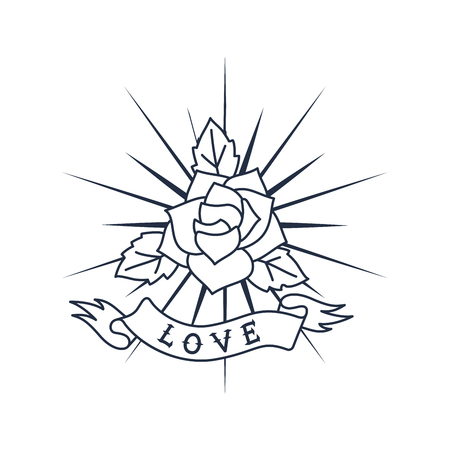 Retro line art logo design, rose and ribbon with word love. Isolated on white background. Vector illustrationのイラスト素材