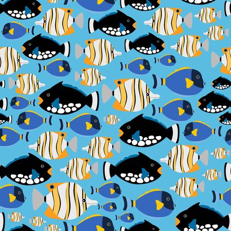 Sea pattern with different fishes on blue background. Vector underwater backgroundのイラスト素材