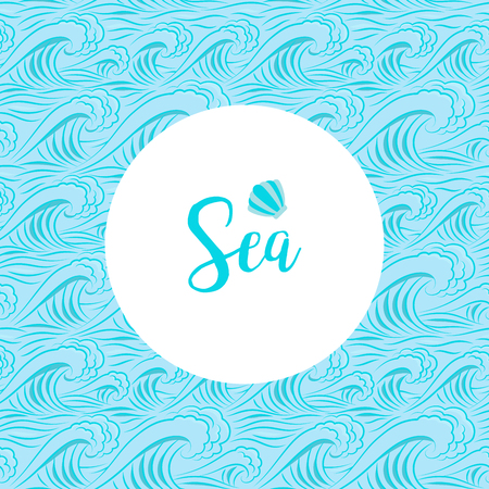 Sea typographic card with hand drawn lettering waves pattern. Vector illustrationのイラスト素材