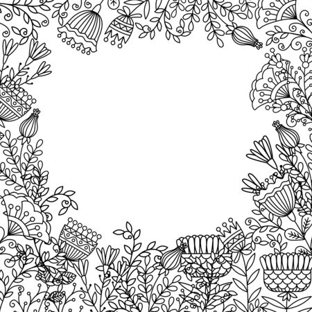 Coloring page design with doodle flowers and space for text. Vector ilustrationのイラスト素材